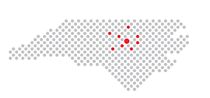 C3 logo; map of North Carolina with red dots representing participant schools.