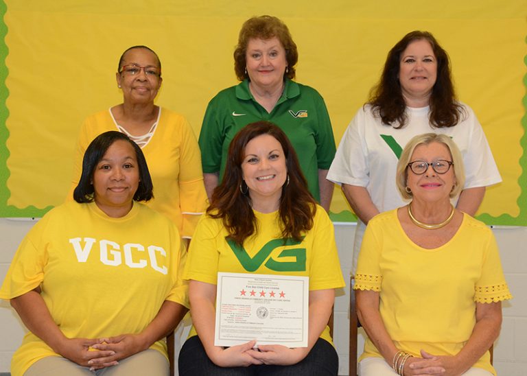 The staff of the Vance-Granville Community College Child Care Center (on the college’s Main Campus) proudly display the certificate indicating the center’s renewed five-star license. They include, seated, from left, Pam Harris, Melanie Copeland and Kathy Hughes; and standing, from left, Hilda Cordell, Anita Fuller, and Rhonda Pegram.