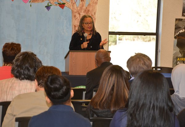 N.C. Sen. Angela Bryant speaks to Warren Early College High School students and others gathered for a program on black history. 