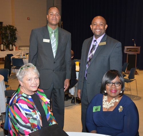 Participants in the forum included, seated from left, Nancy Price, who coordinates a career pathways project involving local school systems and VGCC, and Franklin County Schools Career & Technical Education director Laureen Jones; with, standing from left, Franklin County Early College High School liaison Reginald Bullock and VGCC Warren Campus Dean Lyndon Hall. (VGCC photo)