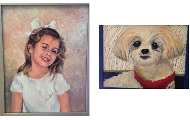 Portraits of a little girl and a dog, respectively, painted by students in the portrait painting class