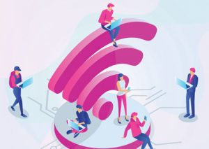 Wifi logo cartoon with people standing around it using mobile devices