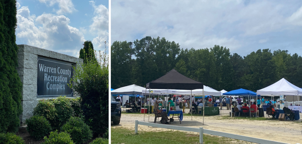 Photo to the left is of the Warren County Recreation Center Sign, the photo to the right is of tents and booths at an outdoor job fair