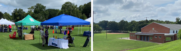 This is a split screen image. On the left is a photo of vendor tents at the job fair. On the right is a photo of the Hix field and gym.