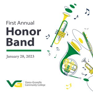 Graphic image in white, green, and yellow, promoting the first annual VGCC Honor Band.