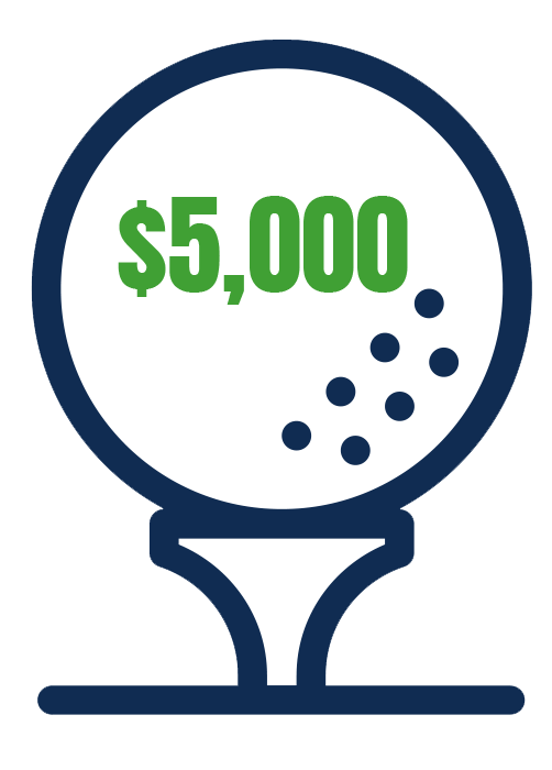 Golf ball on a tee with $5,000 to represent to cost of a Champions Sponsors