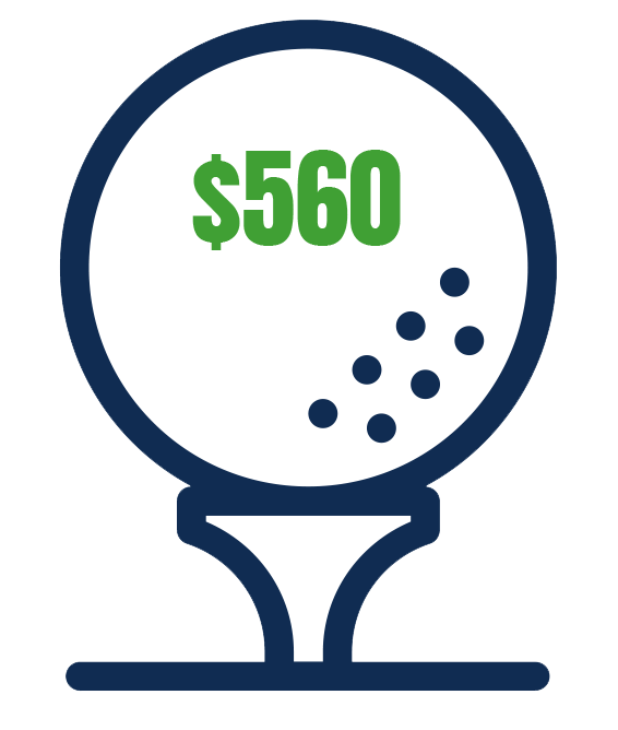 Golf ball on a tee with $560 representing cost of a Foursome Sponsorship