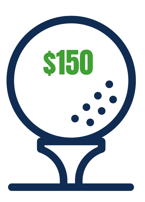 Golf ball on a tee with $150 representing cost of a Tee Box sponsorship