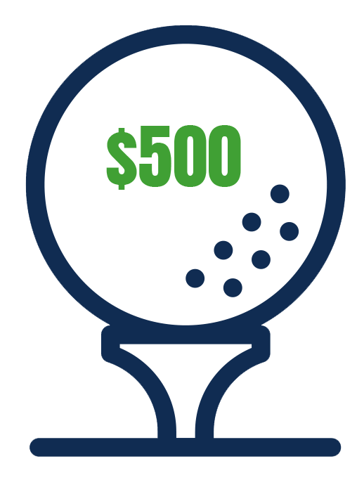 Golf ball on a tee with $500 representing the cost of a hole sponsorship