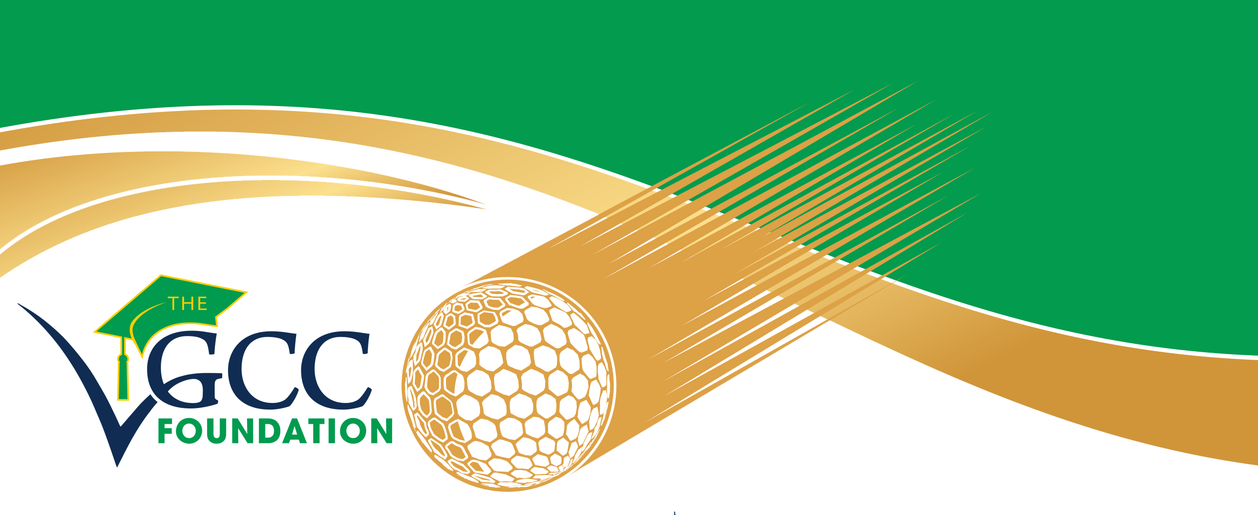Decorative graphic of a golf ball flying across a green and gold banner. The VGCC Foundation logo.