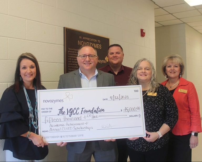 Representatives of Vance-Granville Community College and the VGCC Foundation receive an endowment donation from Novozymes North America
