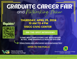 The VGCC Spring Career Fair & Networking Mixer will take place Thursday, April 25, 2024.
