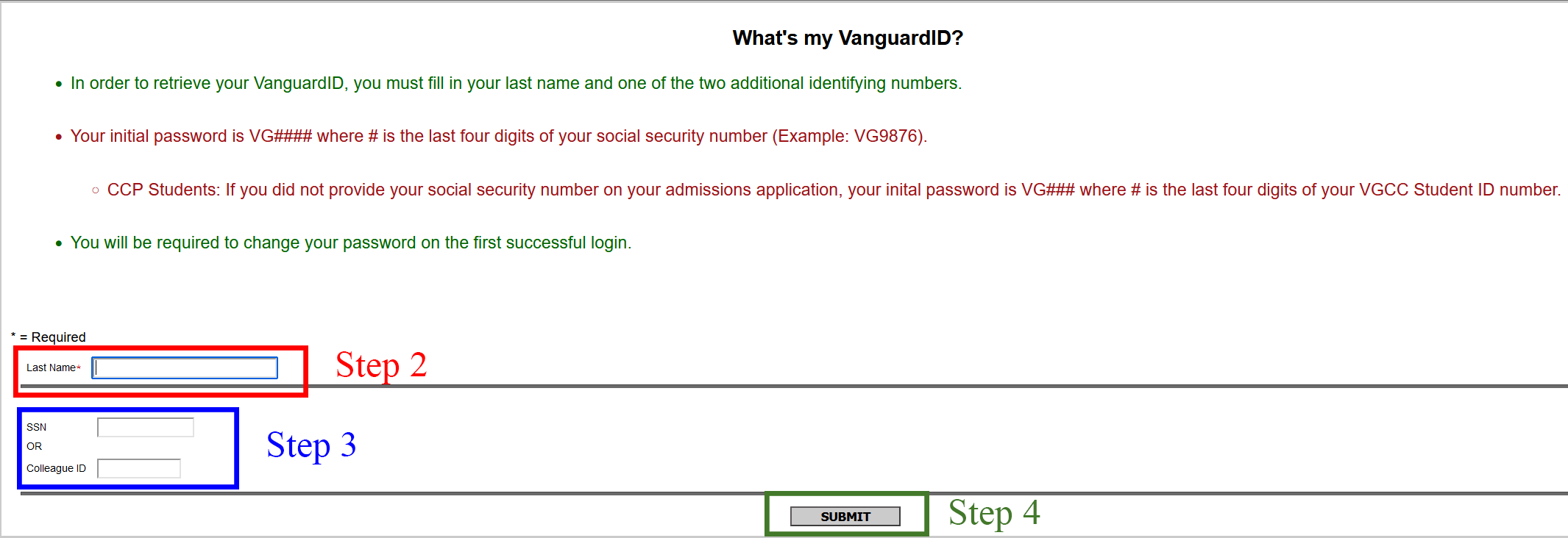 A screenshot of the What's my VanguardID tool looks like with different colored boxes showing where each step takes place.