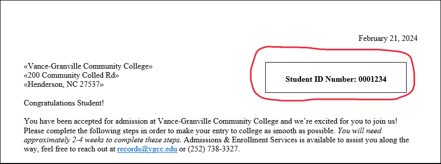 A screenshot of what a Vance-Granville Community College acceptance letter looks like with a red circle around the Student ID box, which is in the top right corner of the letter.