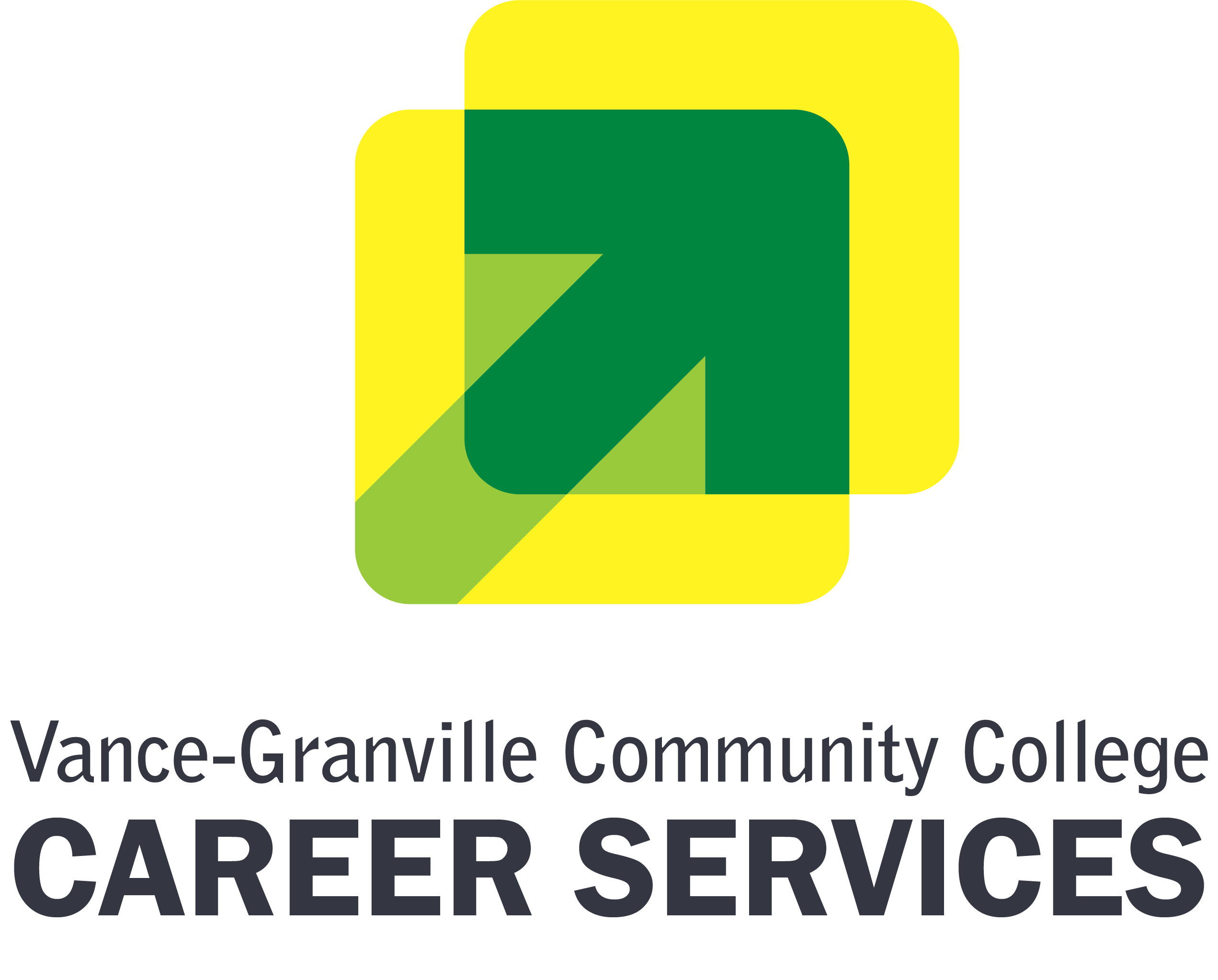 VGCC Career Services Logo - A green arrow that is pointing diagonally up and to the right. Yellow boxes surround the green arrow.