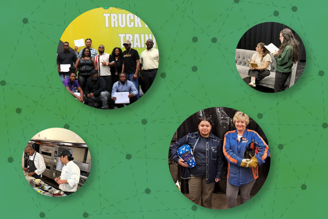 A collage showing four images of students in various programs, top left to right: 2024 CDL graduating class, theater students practicing for a play. Bottom left to right: culinary students in the kitchen, and welding students pose with their helmets.