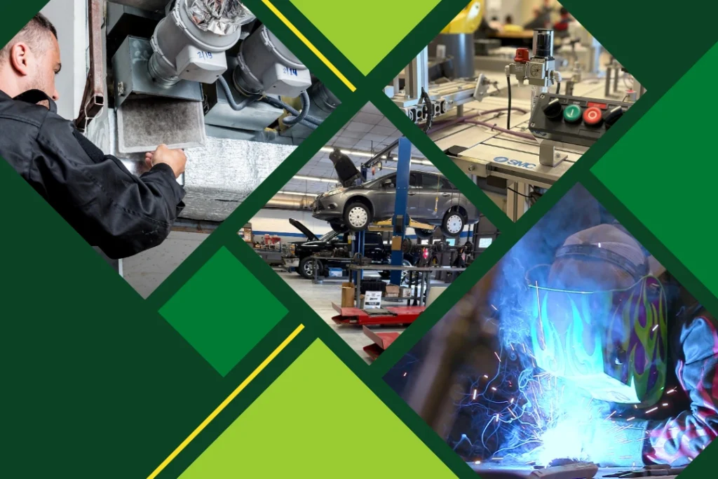 A collage that shows a student checking an air filter, cars on a lift, a robotic set-up, and a student welding.
