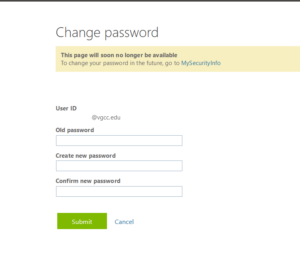 Screenshot showing what the change password screen should look like for myVGCC. 