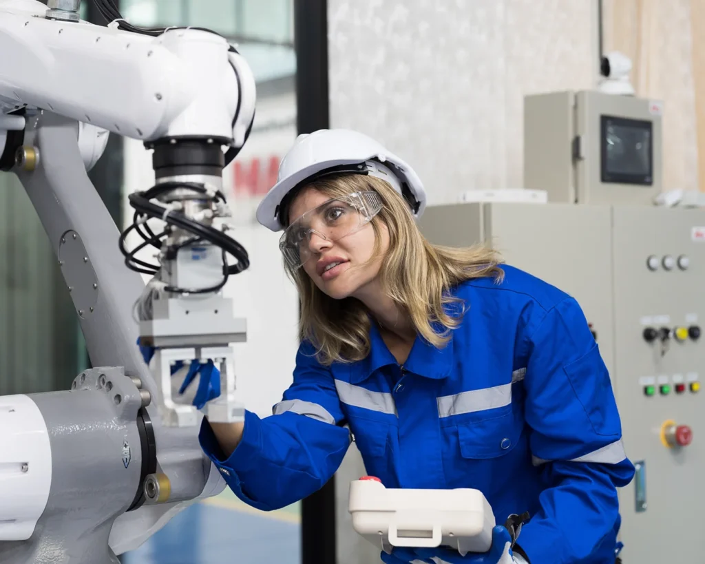 Female engineer control autonomous robotics arm for manufacturing lines in workshop. [Shutterstock photo ID 2275432767]