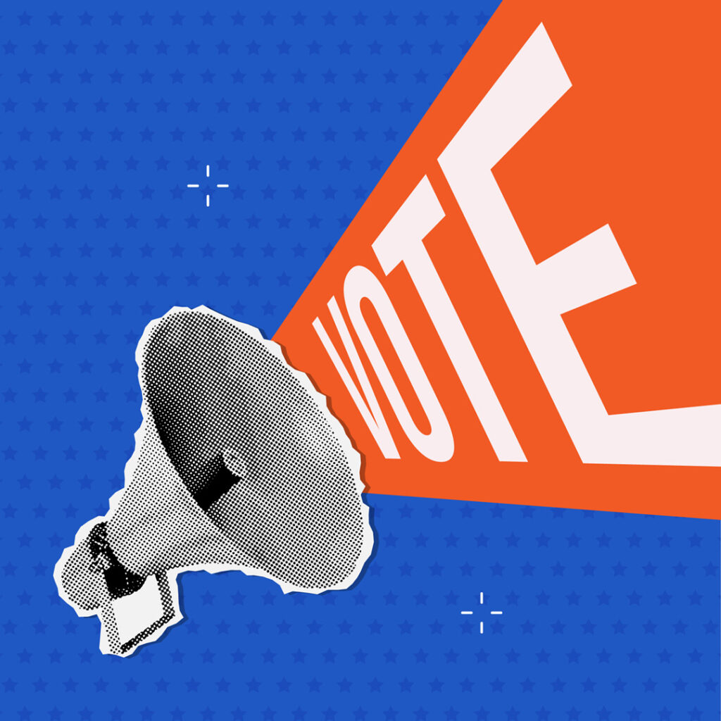Vintage-inspired collage in patriotic colors. A grayscale megaphone with the word 'vote' displayed boldly in a red speech bubble, on top of a blue background with a subtle star pattern. [Shutterstock 2389516357]