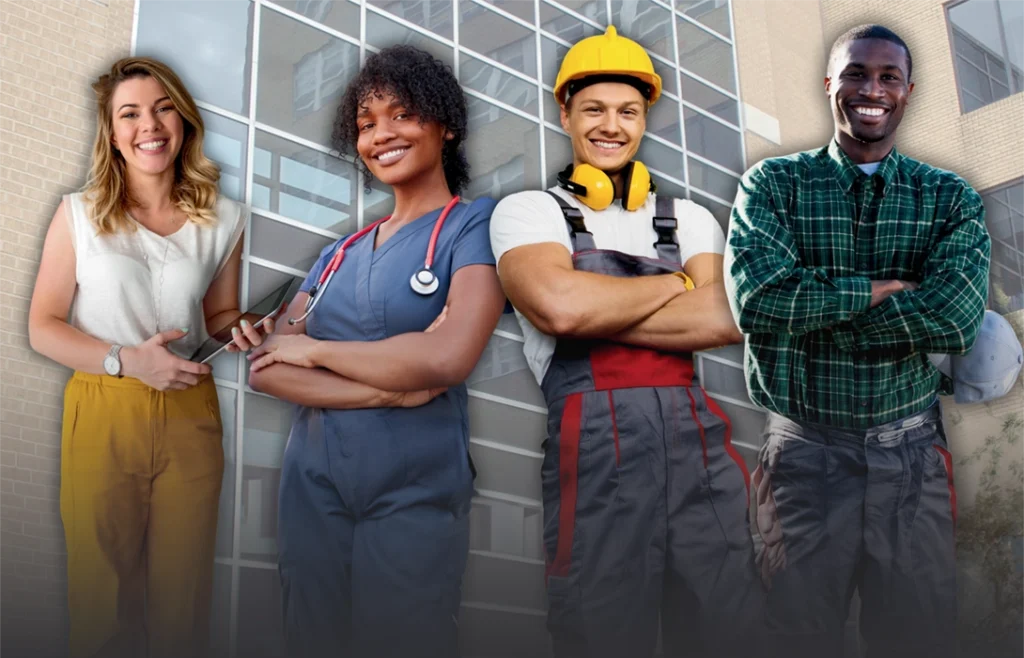 Composite photo showing four adults of differing genders and ethnicities; they are wearing attire suggestive of careers in business, healthcare, and construction.