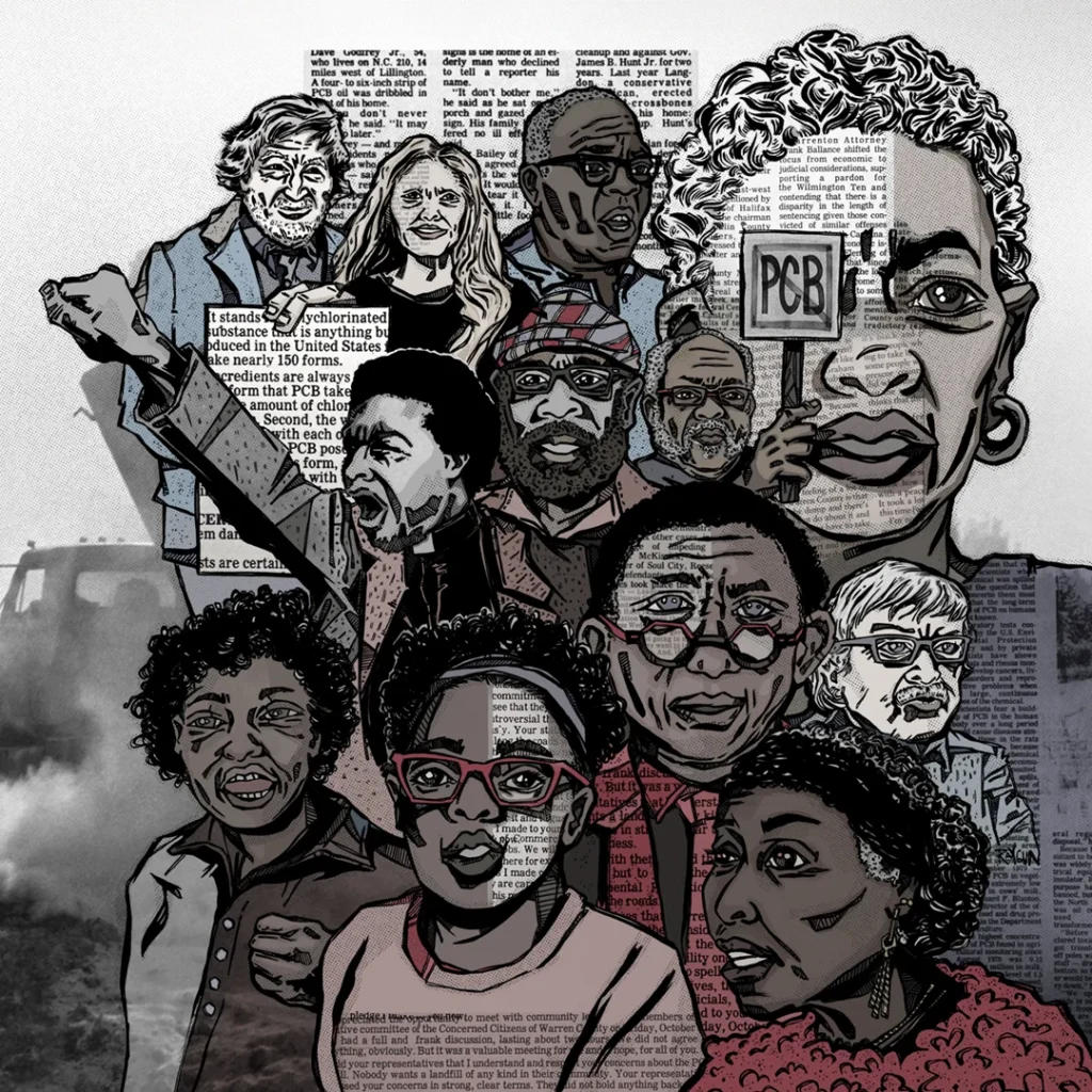 'Our Movement Starts Here' poster. A hand-drawn collage depicts people of different ages, ethnicities, and genders holding signs and raising fists in protest; the background includes a grayscale photo of a dump truck and historic newspaper clippings.