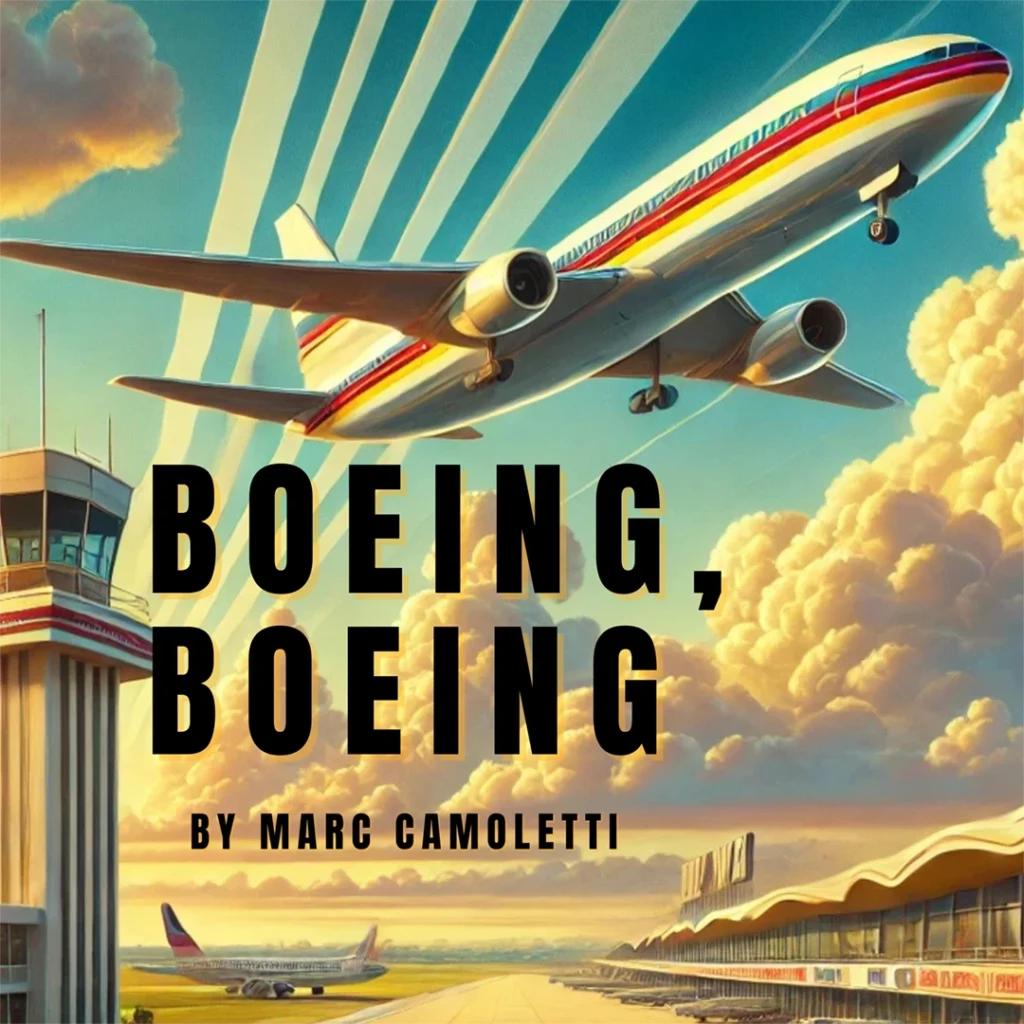 Poster artwork for VGCC Drama's April 2025 production of 'Boeing Boeing,' featuring an AI-generated image of an airplane in the style of a retro travel poster.