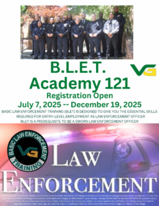 Basic Law Enforcement Academy Number 121 flyer. Registration is open.