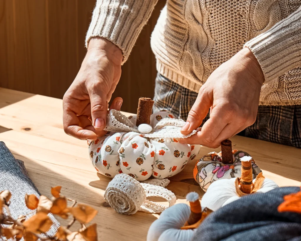 Close-up image of a woman making colorful fabric pumpkins [Shutterstock 2052918128]