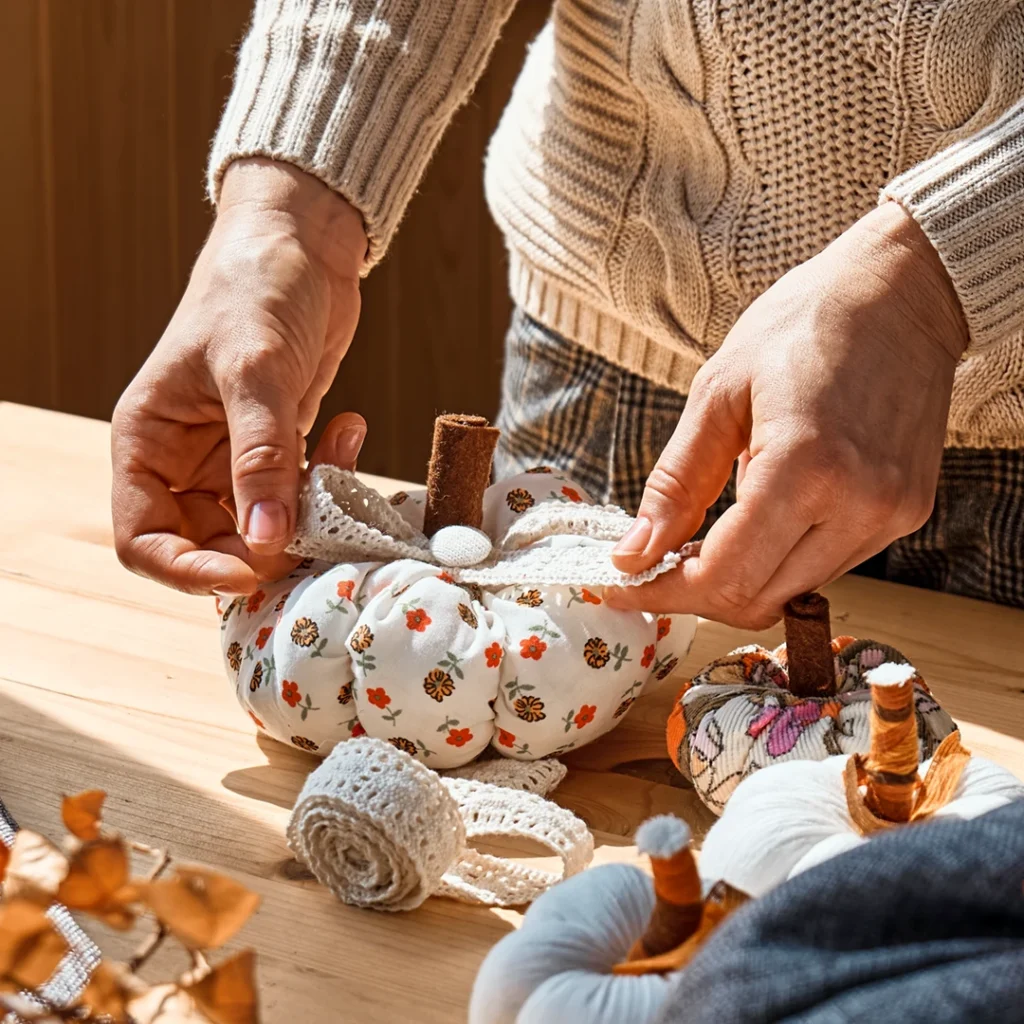 Close-up image of a woman making colorful fabric pumpkins [Shutterstock 2052918128]