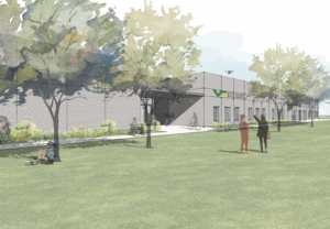 A rendering of the side entrance for the new Center for Advanced Manufacturing and Technology building.