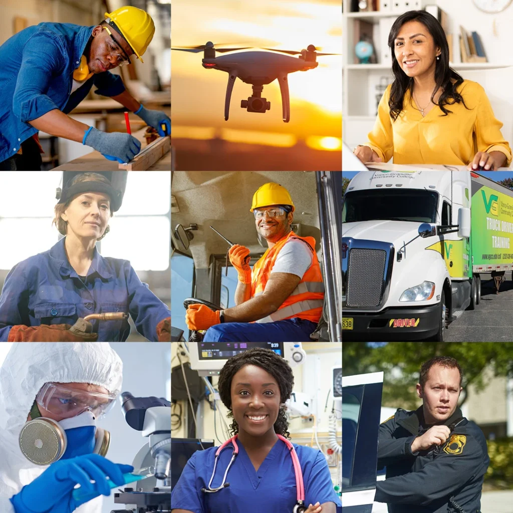 Collage of stock photos depicting diverse adults in a variety of professional roles