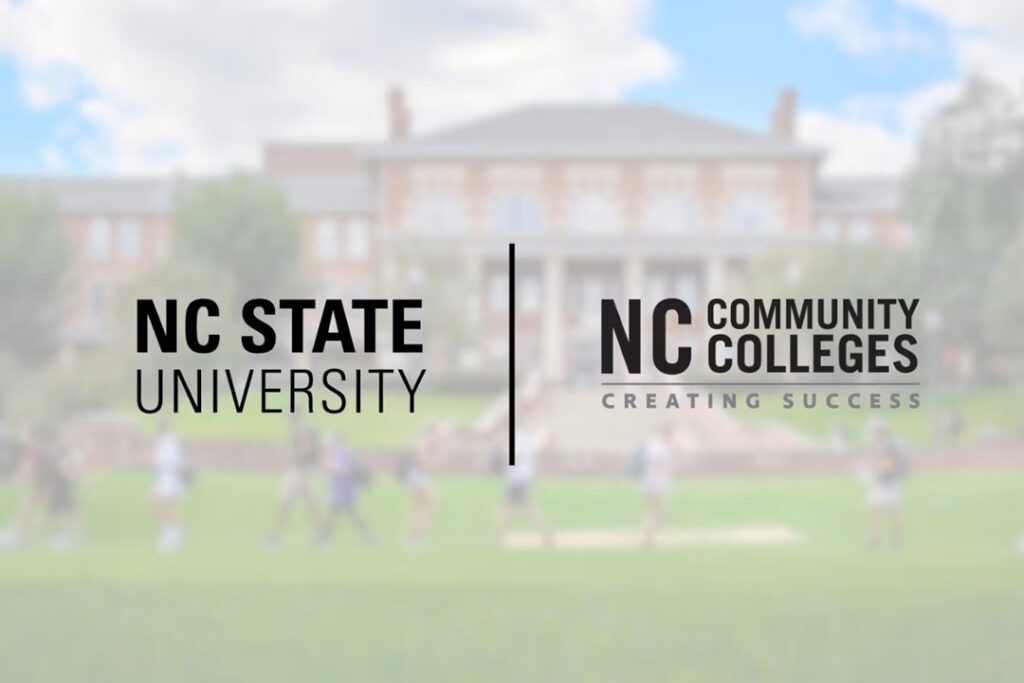 Logos for NC State University and the NC Community College System with a blurred, faded photo of a college campus in the background.