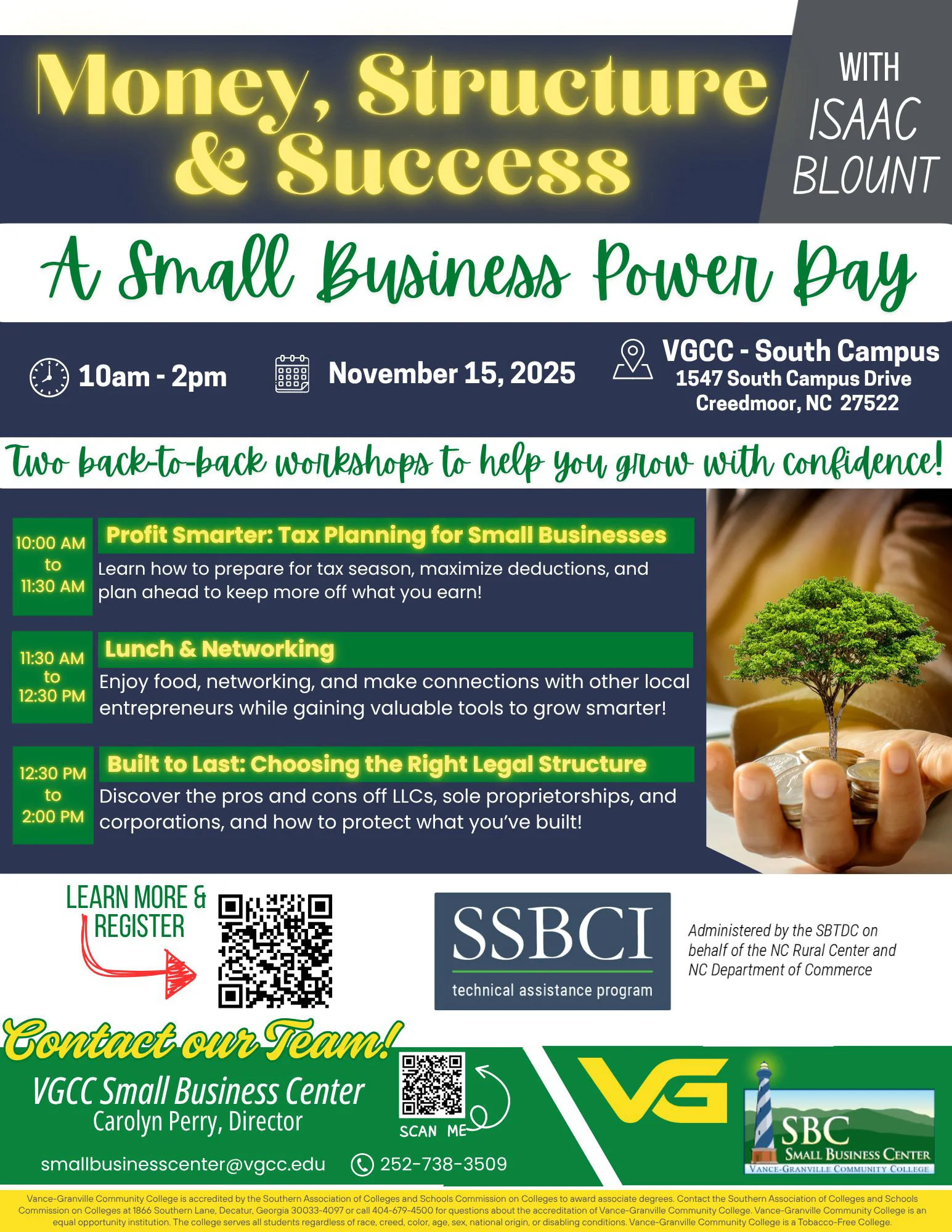 Flyer for the VGCC Small Business Center's 'Money, Structure & Success' event on November 15, 2025; includes location details, a brief description of the event's two info sessions, and a registration QR code.