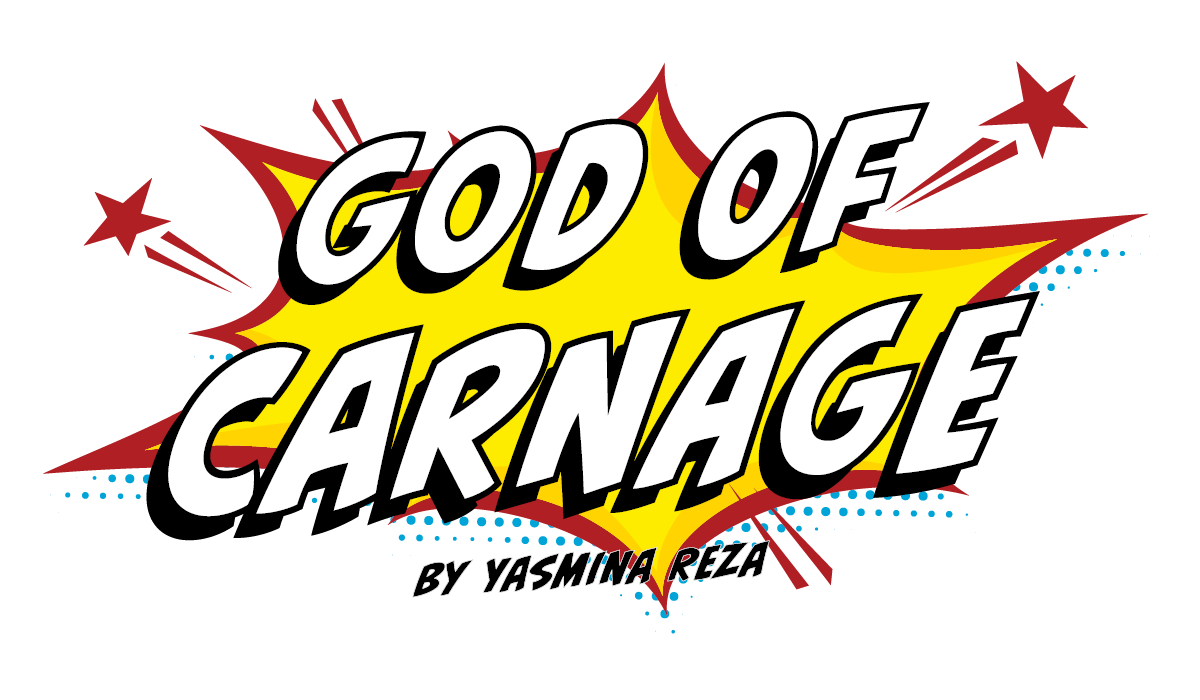 Logo for the VGCC Drama production of 'God of Carnage' by Yasmina Reza; wording and imagery are in a bold, graphic style reminiscent of classic comic books.