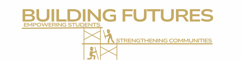 Logo for the 2026 VGCCF Gala: a simple graphic depiction of two construction workers on scaffolding with the text 'Building Futures: Empowering Students, Strengthening Communities.'