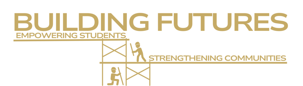 Logo for the 2026 VGCCF Gala: a simple graphic depiction of two construction workers on scaffolding with the text 'Building Futures: Empowering Students, Strengthening Communities.'