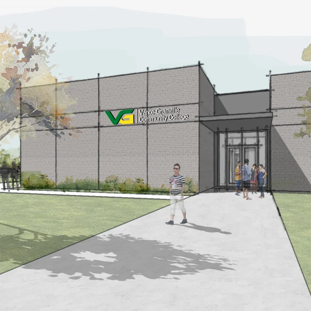 Artist's rendering of the main entry for the VGCC Center for Advanced Manufacturing & Technology building (CAMAT)