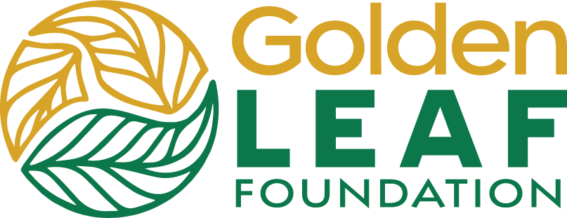 Logo for the Golden LEAF Foundation; gold and green text with three abstract leaf shapes woven into a circle.