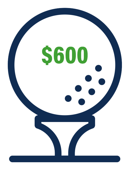 Golf ball on a tee reading $600, the amount a group or sponsor would need to pay in order to have a group of Four play in the tournament.