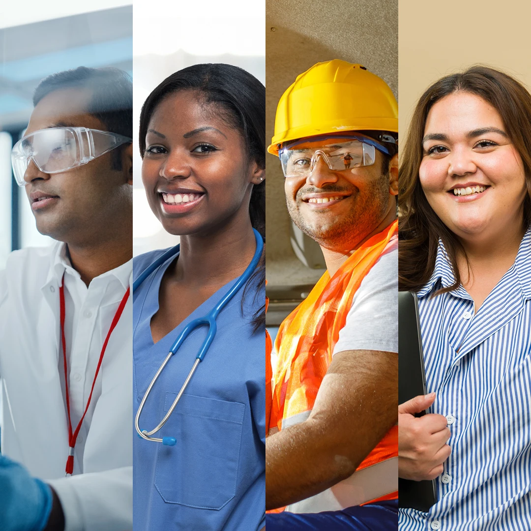 Photo collage of diverse professionals including a scientist, nurse, construction worker, and businesswoman representing VGCC Continuing Education programs