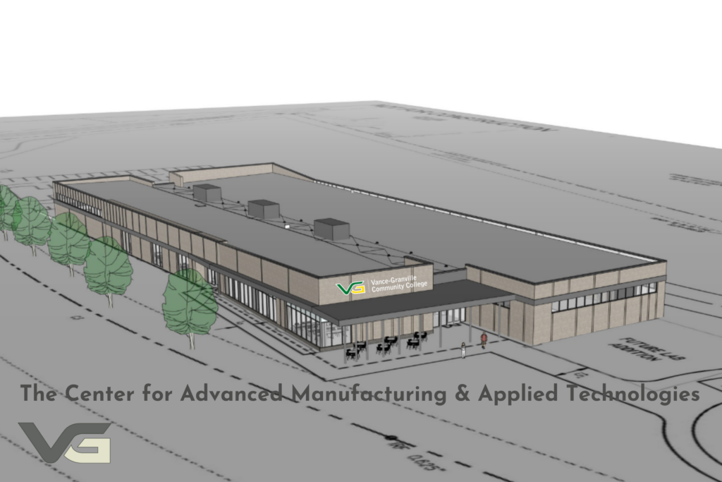 An artist's rendering of the new, single story, Center for Advanced Manufacturing and Applied Technologies from an aerial view.