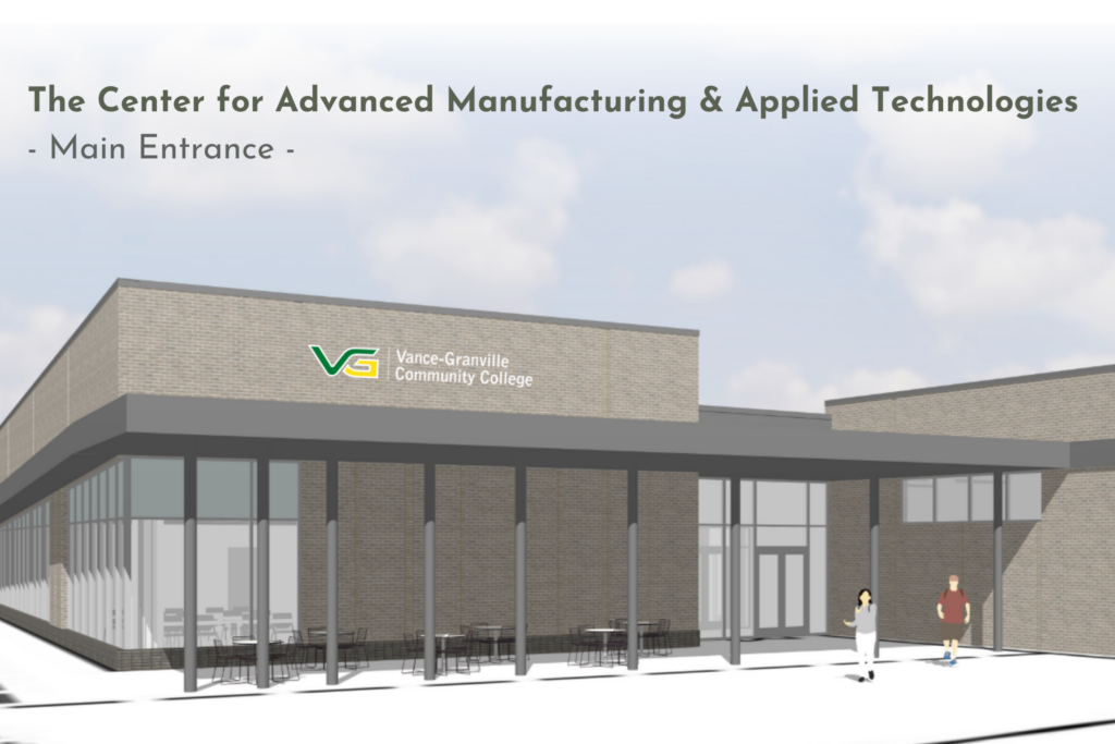A close up artist rendering of the front entrance for the new, single story, Center for Advanced Manufacturing and Applied Technologies.