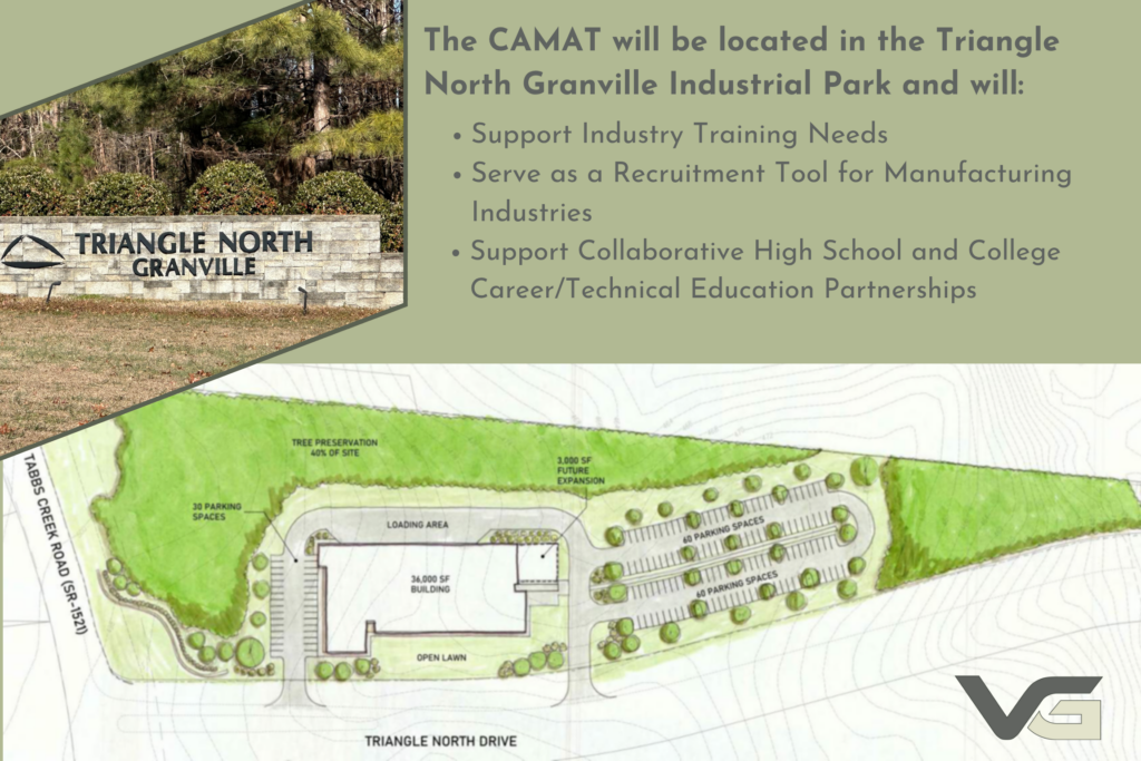 A map showing that the CAMAT will be located in the Triangle North Granville Industrial Park at the corner of Tabbs Creek Road and Triangle North Drive.