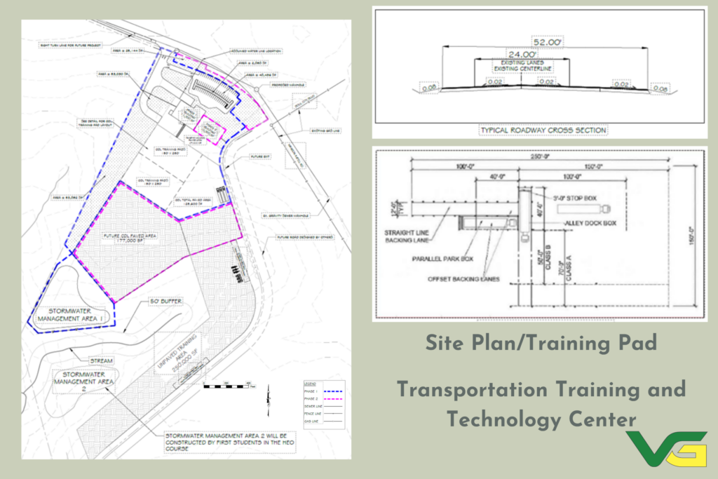 site plan for the Transportation center that shows an unpaved training area of 250,000 Square Feet, parking areas, two stormwater management areas, and the general layout of the building.
