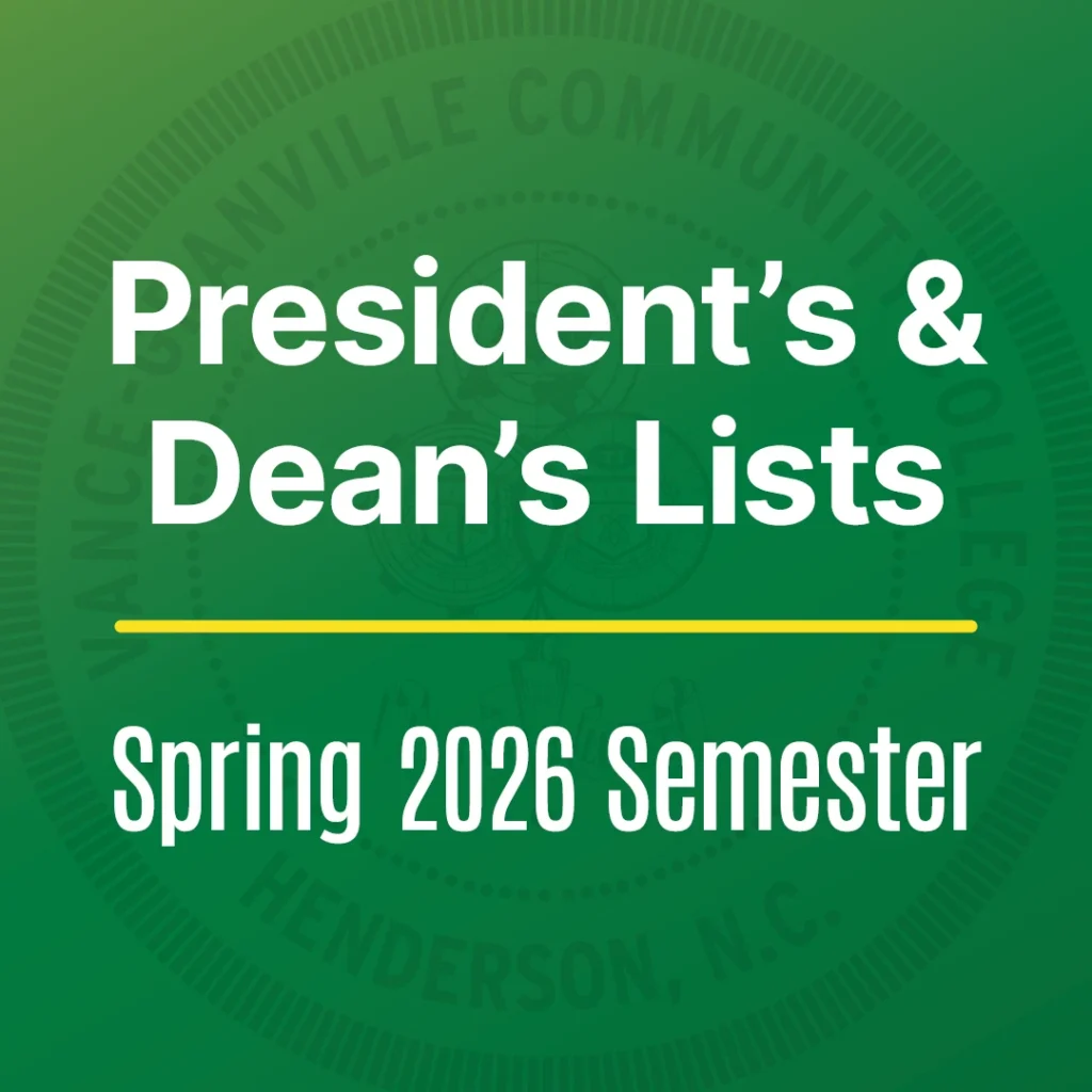 Text reading 'President's & Dean's Lists, Spring 2026 Semester,' with a faded VGCC college seal in the background.