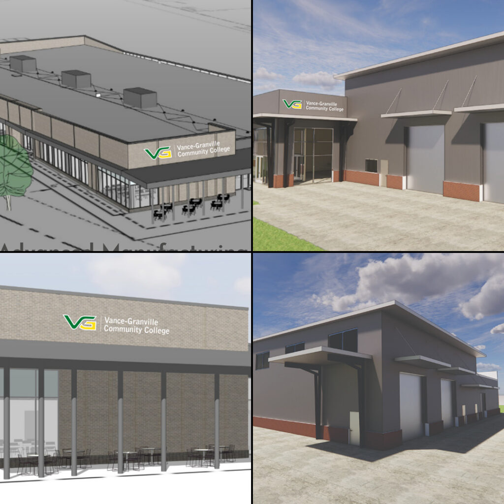 Collage of digitally rendered images depicting the future VGCC Center for Advanced Manufacturing & Applied Technology and Transportation Training & Technology Center.
