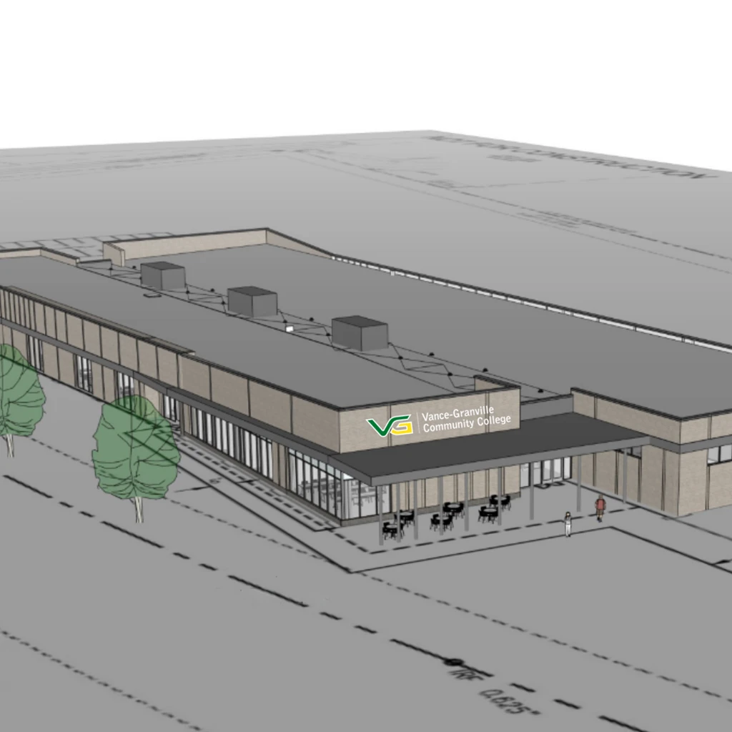 Digital rendering of a large rectangular building with the Vance-Granville Community College logo on it.