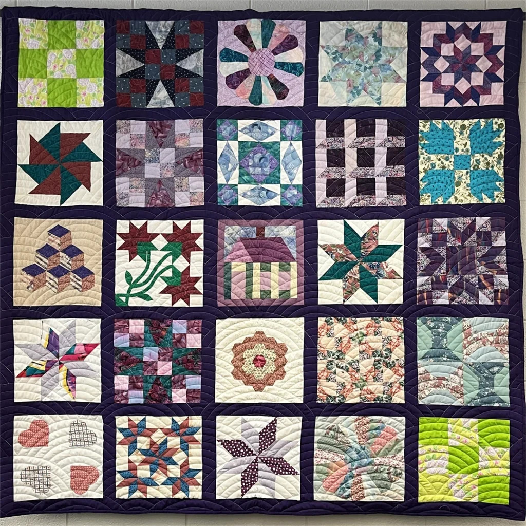 A patchwork quilt hanging on a wall, comprised of 25 eclectic patchwork squares (5x5) each displaying a different quilting pattern or technique.