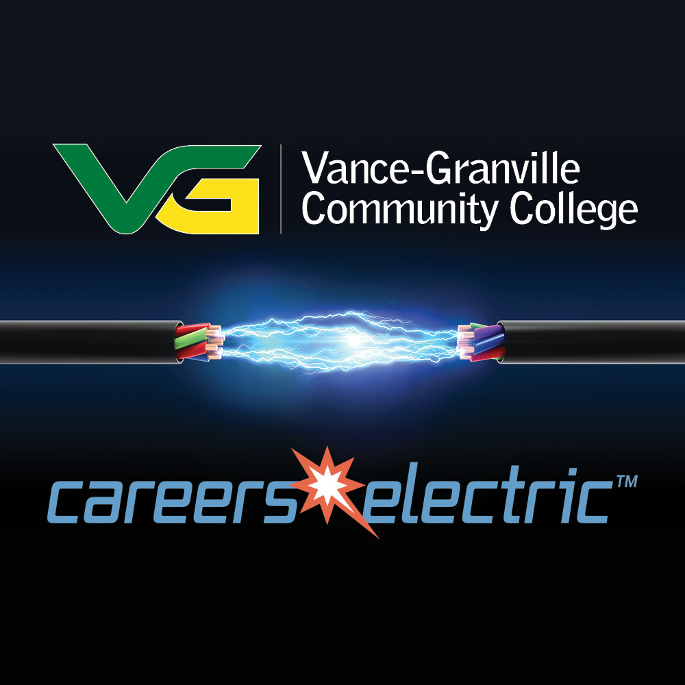 Logos for Vance-Granville Community College and Careers Electric™ with graphic of electrical spark between two wires.